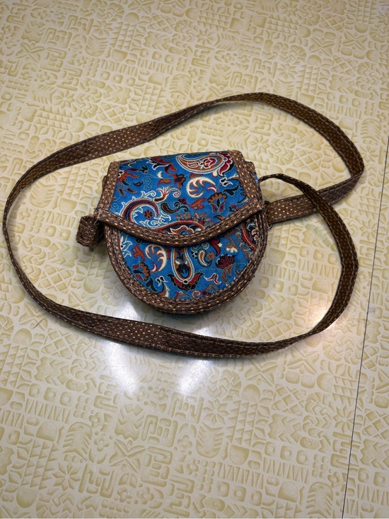 Handbags - Handcrafted Blue Paisley Crossbody Bag with Brown Trim